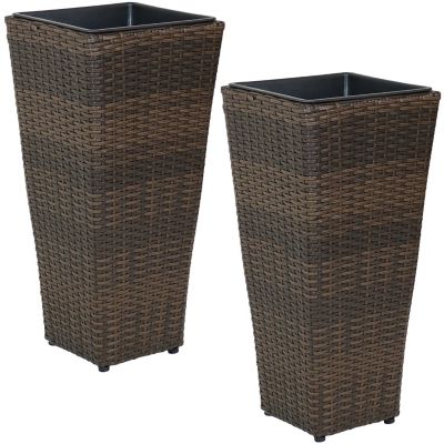Image showing 5 th Sunnydaze Decor Modern Decorative Standing Square Polyrattan Planter Containers, 24 in. Tall, Brown, 2 pk.