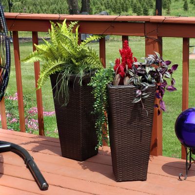 Image showing 6 th Sunnydaze Decor Modern Decorative Standing Square Polyrattan Planter Containers, 24 in. Tall, Brown, 2 pk.