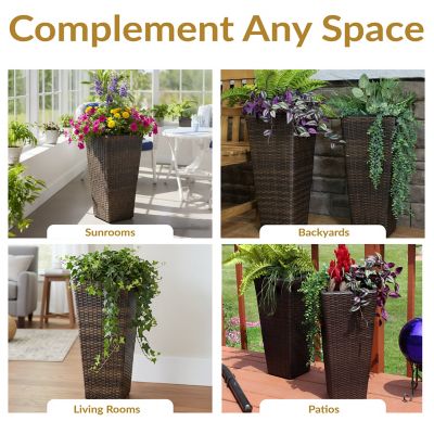 Image showing 9 th Sunnydaze Decor Modern Decorative Standing Square Polyrattan Planter Containers, 24 in. Tall, Brown, 2 pk.