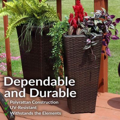 Image showing  Modern Decorative Standing Square Polyrattan Planter Containers, 20 in. Tall, Brown, 2 pk.
