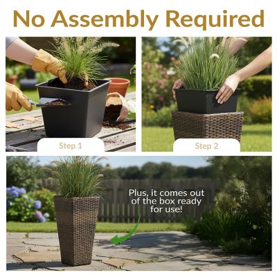 Image showing 9 th Sunnydaze Decor Modern Decorative Standing Square Polyrattan Planter Containers, 20 in. Tall, Brown, 2 pk.