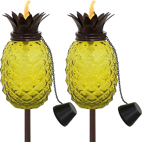 Sunnydaze Decor Tropical Pineapple 3-in-1 Yellow Glass Outdoor Torches, 2-Pack