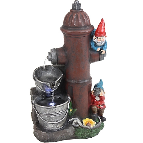 Sunnydaze Decor Fire Hydrant Gnomes Water Fountain, LED Light, 7 x 9.5 x 16in., 78 in. Cord, 60 in. Pump Cord, Outdoor, XSS-400