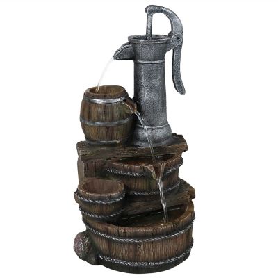 Sunnydaze Decor Cozy Farmhouse Pump and Barrels Outdoor Fountain with LED Lights, 11.5 in. x 12.25 in. x 23 in., XSS-424