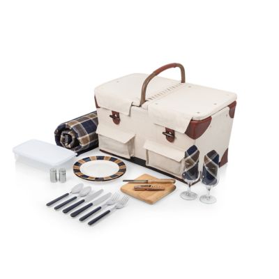 Picnic Time Pioneer Basket, Beige Canvas with Navy Blue/Brown Accents