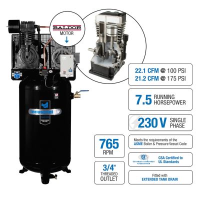 Image showing  7.5 HP 80 gal. 2-Stage Air Compressor, 175 PSI, 230V, 1-Phase, Magnetic Starter