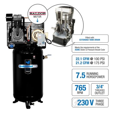 Image showing  Industrial Air 7.5 HP Two Stage Air Compressor 230V 3 Phase, 80 gal., IV7538075