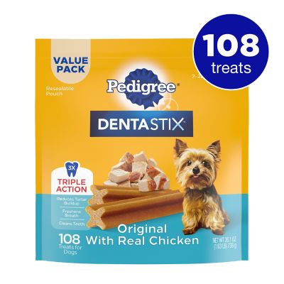 DENTASTIX Chicken Flavor Dental Care Dog Treats for Toy/Small Dogs, 108 ct. I feel good about dog treats made in America!  Good oral hygiene for my pup