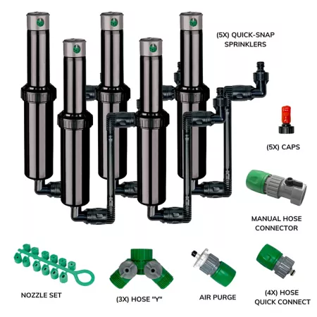 5 000 sq ft Quick Snap In-Ground Sprinklers 4 Automatic and Manual Hose Connectors 3 Hose Y-Splitters Nozzle Set 5-Pack Lawn Sprinklers