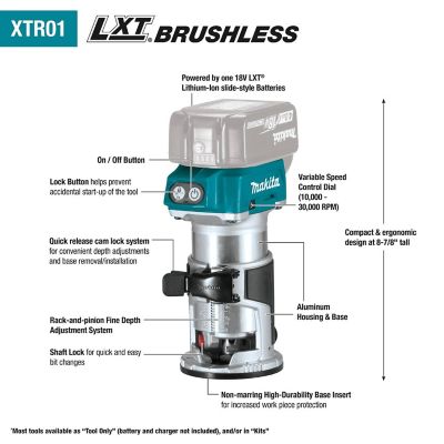 Image showing 5 th Makita 18V 1/4 in. Collet LXT Lithium-Ion Brushless Cordless Compact Router, Tool Only