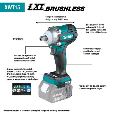 Image showing  1/2 in. Square Drive 430 ft.-lb. 18V LXT Lithium-Ion Brushless Cordless 4-Speed Impact Wrench, Detent Anvil, Tool Only