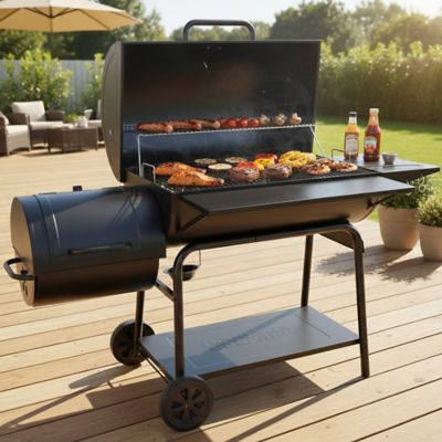 Image showing  Barrel Charcoal Grill with Offset Smoker and Front and Side Tables, 1,200 sq. in., Black