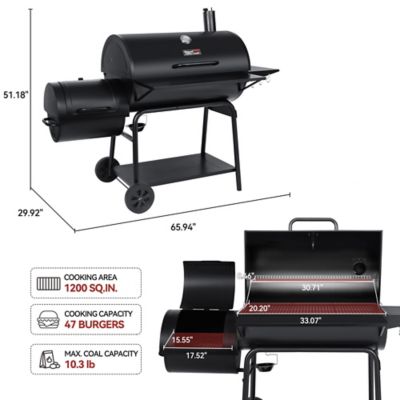 Image showing  Barrel Charcoal Grill with Offset Smoker and Front and Side Tables, 1,200 sq. in., Black