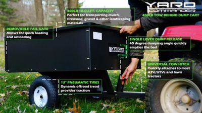 Image showing  10 cu. ft. 400 lb. Capacity Steel Tow-Behind Dump Cart, Pneumatic Tires, Powder Coat Finish, Removable Tailgate