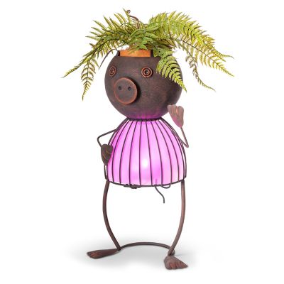 Gerson International 20.87 in. Solar Lighted Garden Meadow Pig Pot Head, 71653-PIG