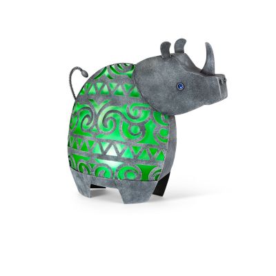 Gerson International Solar Large Green/Silver Metal Rhino Figurine, 20.47 in., 71169EC