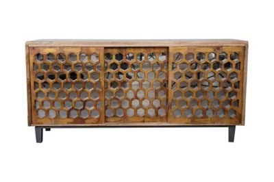 Crestview Collection 3-Door Bengal Manor Mango Wood Sliding Door Cabinet with Honeycomb Mirror