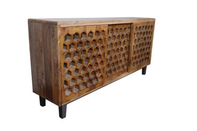 Image showing  3-Door Bengal Manor Mango Wood Sliding Door Cabinet with Honeycomb Mirror, 33 in.