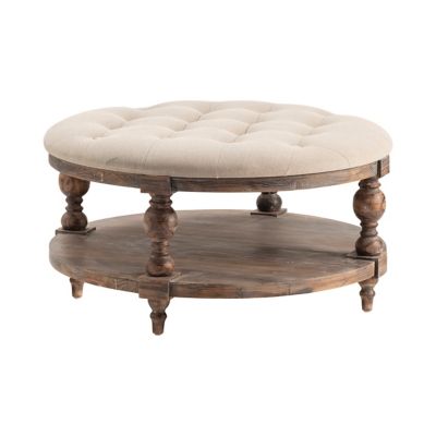 Crestview Collection Tahoe Rustic Wood and Round Linen Ottoman