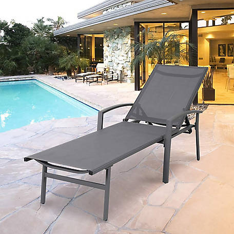Cast Aluminum Chaise Lounge for Outdoor Living Yard Garden Chair in White/Gray 