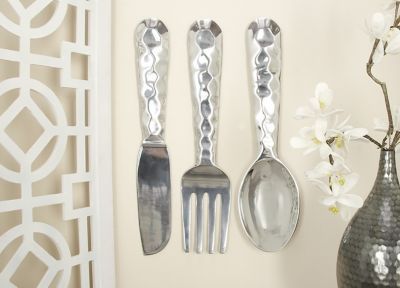 Harper & Willow Silver Aluminum Knife Spoon and Fork Utensils Wall Decor Set, 6 in. W x 23 in. H, 3 pc.