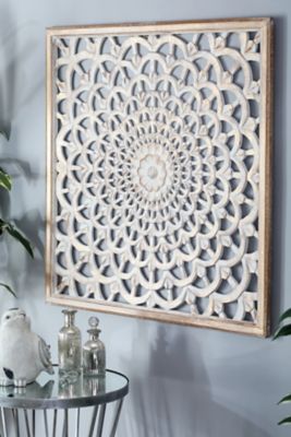 Harper & Willow Brown Wood Handmade Intricately Carved Floral Wall Decor with Mandala Design, 36 in. x 1 in. x 36 in.