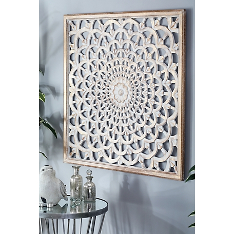 Harper & Willow Brown Wood Handmade Intricately Carved Floral Wall Decor with Mandala Design, 36 in. x 1 in. x 36 in.