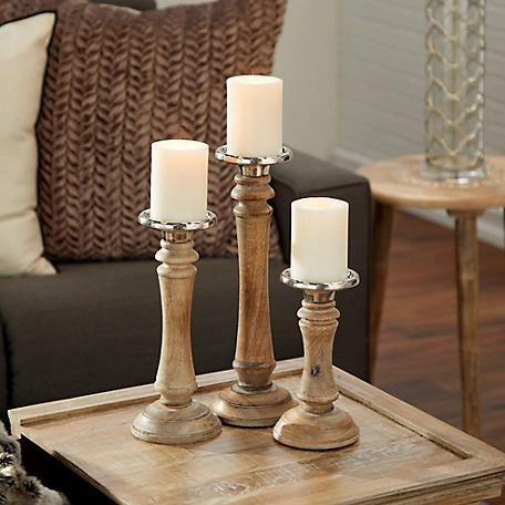 Harper & Willow Brown Mango Wood Traditional Candle Holders, 9 in., 12 in., 15 in., 3 pc., 51577