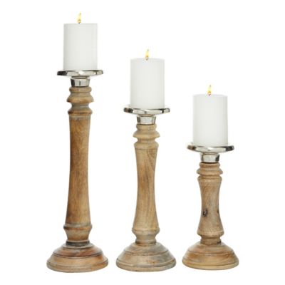 Image showing  Brown Mango Wood Traditional Candle Holders, 9 in., 12 in., 15 in., 3 pc., 51577
