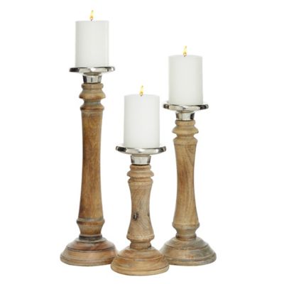 Image showing  Brown Mango Wood Traditional Candle Holders, 9 in., 12 in., 15 in., 3 pc., 51577