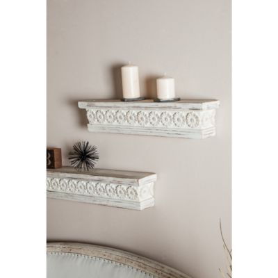 Harper & Willow White Wood Intricate Carved 1 Shelf Floral Wall Shelf 28" x 5" x 6"