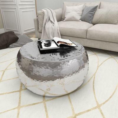Harper & Willow Silver Aluminum Drum Shaped Coffee Table with Hammered Design, 30" x 30" x 14"