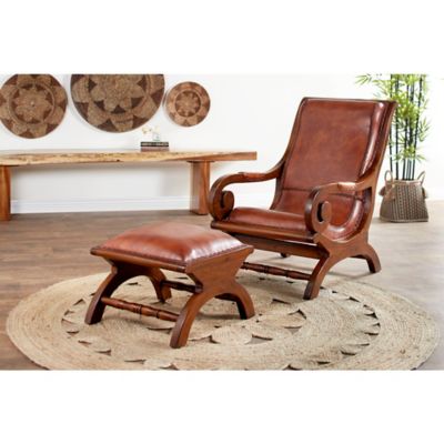 Harper & Willow Leather and Teak Traditional Accent Chair and Ottoman Set