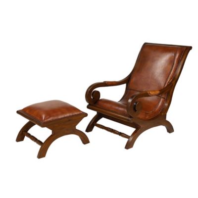 Image showing  Leather and Teak Traditional Accent Chair and Ottoman Set