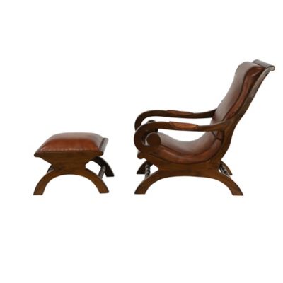 Image showing  Leather and Teak Traditional Accent Chair and Ottoman Set