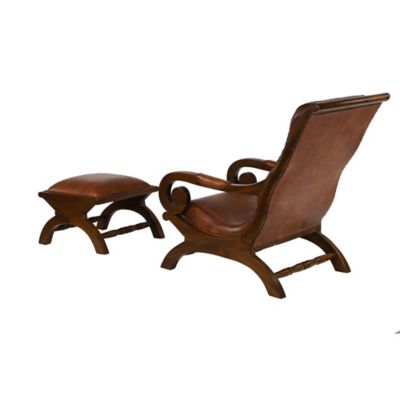 Image showing  Leather and Teak Traditional Accent Chair and Ottoman Set