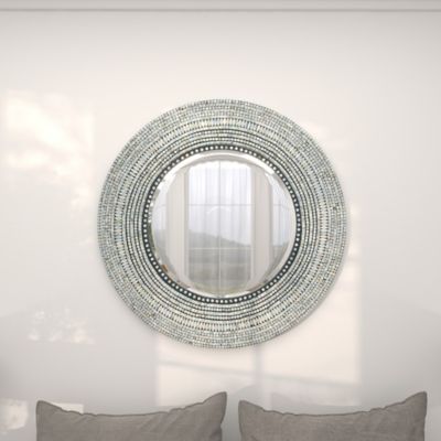 Harper & Willow Gray Mother of Pearl Handmade Mosaic Wall Mirror 39", 49073