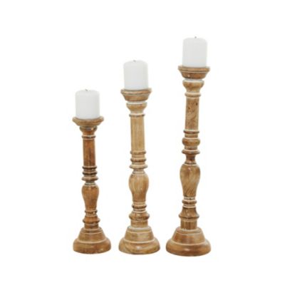 Image showing  Assorted Mango Wood Handmade Candle Holder with Turned Style, Brown, 3-Pack