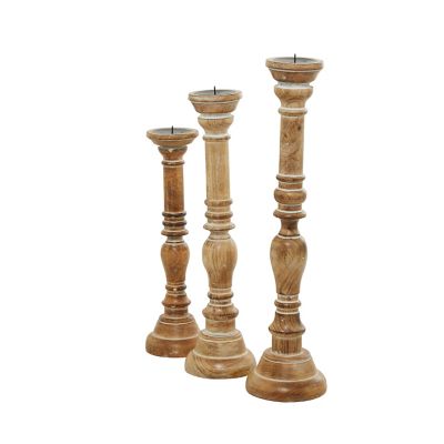Image showing  Assorted Mango Wood Handmade Candle Holder with Turned Style, Brown, 3-Pack