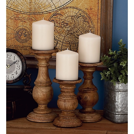 Harper & Willow Brown Mango Wood Traditional Candle Holders, 10 in., 8 in., 6 in., 3 pc., 51536