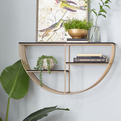 Harper & Willow Gold Wooden 3 Shelves Wall Shelf with Half Moon Shape 28" x 7" x 15"