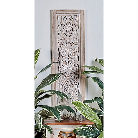 Harper & Willow Cream Mango Wood Handmade Intricately Carved Arabesque Floral Wall Decor, 12 in. x 1 in. x 36 in.