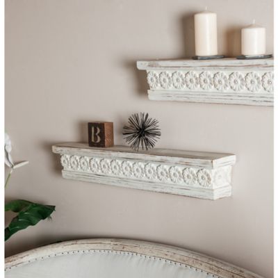 Harper & Willow White Wood Intricate Carved 1 Shelf Floral Wall Shelf 36" x 5" x 6"