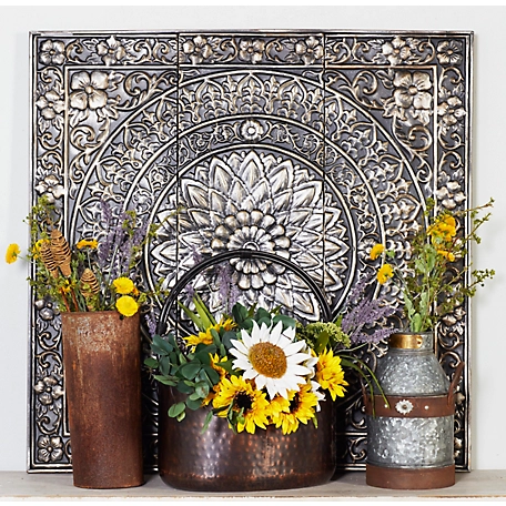Harper & Willow Silver Metal Scroll Wall Decor with Embossed Details, 36 in. x 2 in. x 36 in.