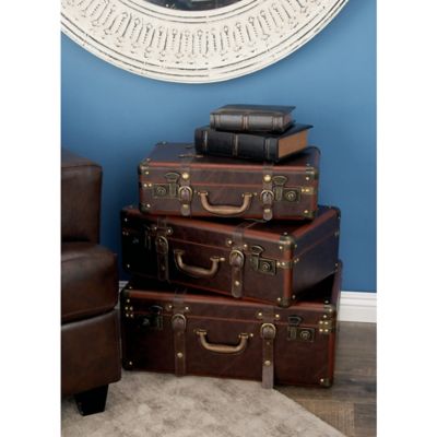 Harper & Willow Brown Leather Vintage Trunk Set, Assorted, 3 pc.