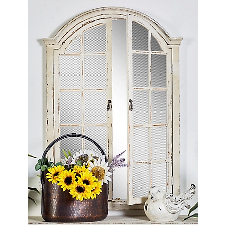 Harper & Willow Cream Wood Window Pane Inspired Wall Mirror with Arched Top and Distressing 31" x 2" x 45", 18153