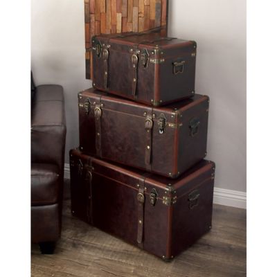 Harper & Willow Brown Leather Traditional Trunk Set, Assorted, 3 pc.