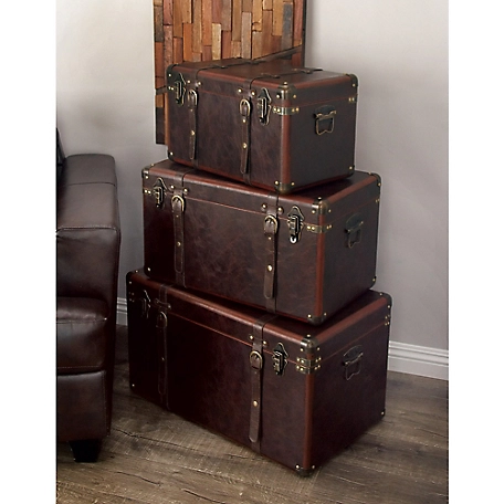 Harper & Willow Brown Leather Traditional Trunk, 19 in., 24 in., 27 in., 3 pc.