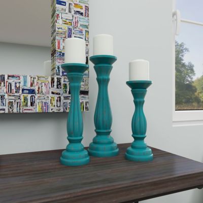 Image showing 6 th Harper & Willow Assorted Wood Traditional Candle Holders, Blue, 3-Pack