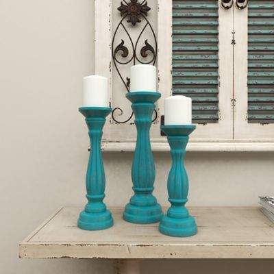 Image showing 7 th Harper & Willow Assorted Wood Traditional Candle Holders, Blue, 3-Pack